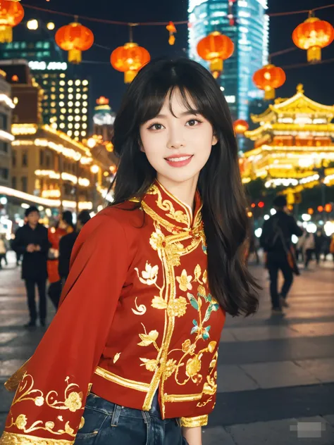 (((best quality))),(((ultra detailed))),(((masterpiece))),illustration, 1girl, beautiful, red festive attire, golden embroidery, long flowing black hair, starry eyes, bright smile,pride, joy, urban scenery, Shenyang night view, sparkling street lights, bus...