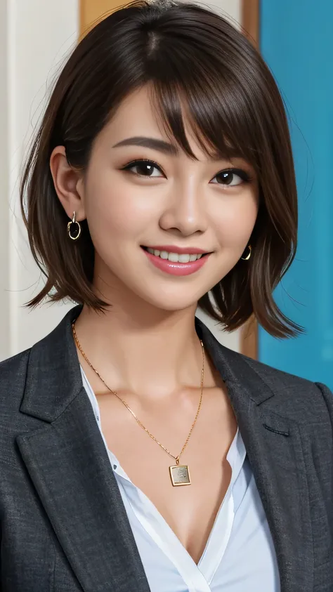 raw photo high resolution, very detailed, intricate details, 、ear piercing、、short hair、dark brown hair、office lady suits 、smile、...