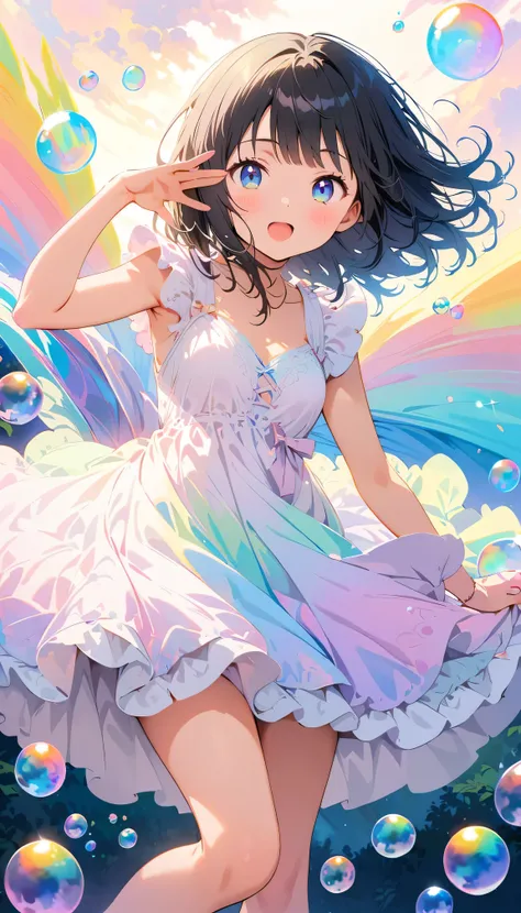 Best Quality, Super Fine, 8k, Incredibly strange, Very detailed, 2.5D, Beautiful Goddess, Pastel colored soap bubbles cloud, Sunshine, Pop Art, Delicate and dynamic, Pastel Color Fantasy, Black Hair, young, Small breasts, Official Art