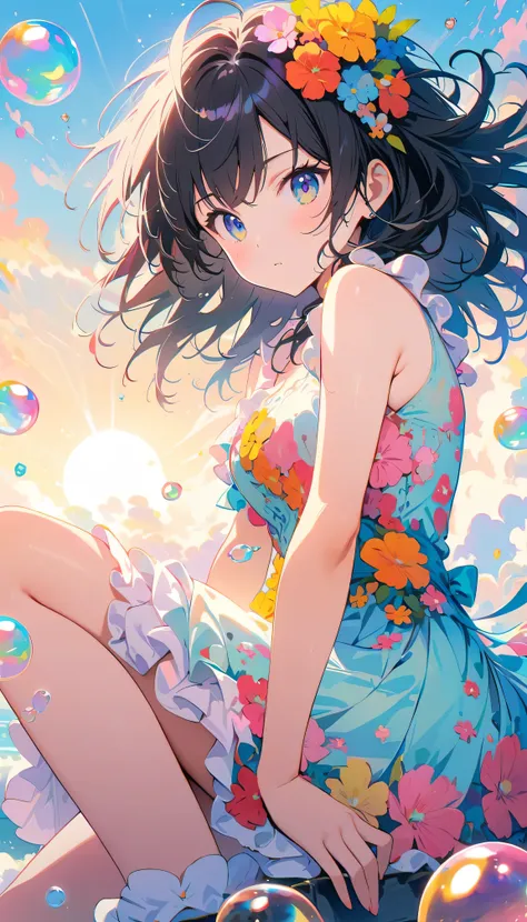 Best Quality, Super Fine, 8k, Incredibly absurd, Very detailed, 2.5D, Beautiful Goddess, Soap bubbles, Pastel colored clouds, Sunshine, Pop Art, Delicate and dynamic, Pastel Color Fantasy, Black Hair, Official Art