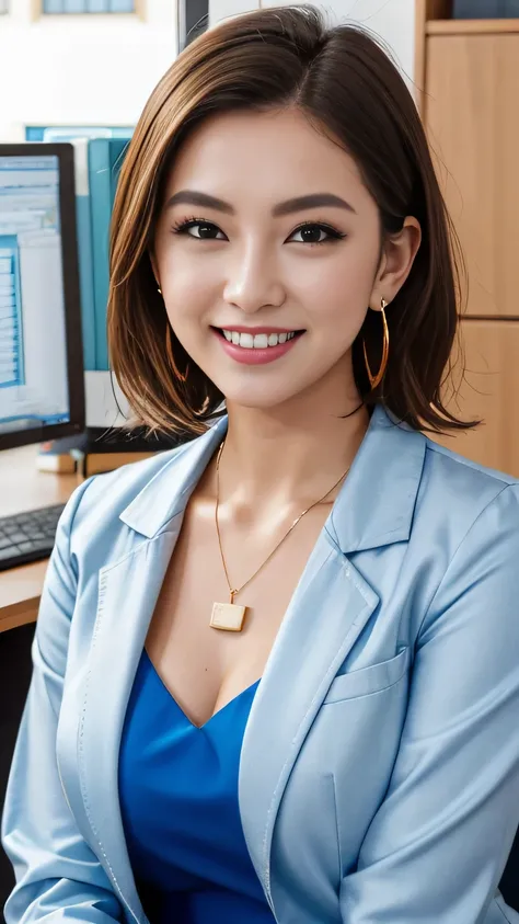 RAW Photo High Resolution, Very detailed, Intricate details, 、ear piercing、、Short Hair、Dark Brown Hair、Office Lady Suits 、smile、jacket、shirt、Heavy makeup、Necklace on neck、, The background is the office
