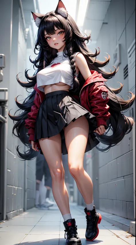 cat girl, black hair, long hair , curly hair, big boobs, short skirt, red skirt , white top , short top, master piece, full body, full shot, background disco party, party