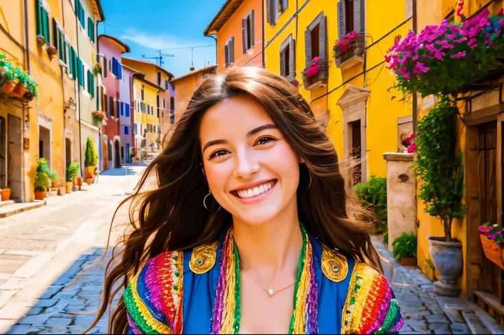 Best Quality　masterpiece　detailed　A very beautiful woman is smiling in a colorful Italian town　Photo style　Fantasy　Fantasy