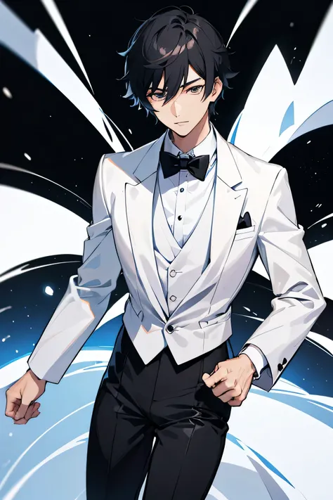 Japanese　　Handsome　Short cut　Black Hair　Adult male　Fierce　tuxedo　Lower body naked　White briefs　Bulge　Leg spread　　The background is space
