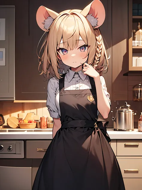 masterpiece, Best Quality, Perfect Face, Highest Resolution, Best Quality,Detailed depiction of the eyes, 8k, RimWorld, ratkin, 1 girl, young, small, Slender body, Big mouse ears, Apron dress, plaits hair