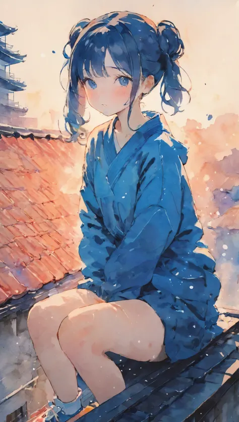 Splatter background and spray paint effect, Body above the knees, Bun Hair, Teary-eyed, dusk, watercolor, watercolor, watercolor風, watercolorの詳細なアート, watercolor digital painting, watercolor paints, 非常に精巧なwatercolor, watercolor，Blue base、Japanese women，(Per...