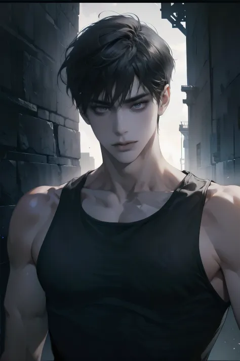 ((1 arms dealer man)), ((wearing black tank top)), ((gray eyes)), ((black hair)), ((toned body and large muscular frame)), hyper...