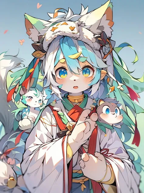 Light blue hair，White hair，Cat tail，White hair at the end of the tail，Gray robe，hairy，God of Art Super Top Quality, Very detailed, high resolution, Anime cute style, Best Animation, 8k, Kona sauce wallpaper, pixiv contest winners, Perfect Anatomy,blush , (...