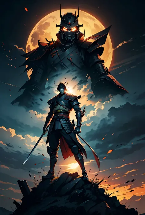 A samurai robot stands with a formidable sword in his hand, and behind him is the setting sun. The eerie atmosphere makes one think of impending danger.