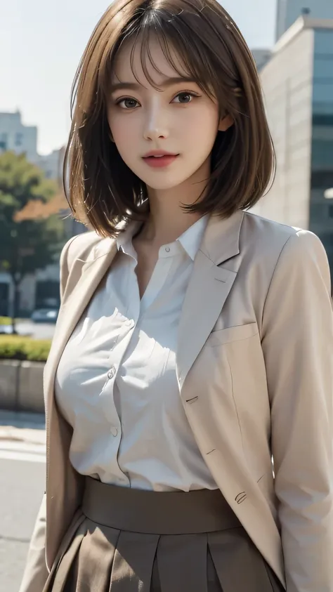 ((Highest quality)), ((masterpiece)), 8K quality, (detailed), High Resolution Skins:1.3, Realistic skin texture, One girl, full body, slim, smile, close mouth, Natural Makeup, fluffy short hair, Messy Hair, Asymmetrical bangs, Brown hair, Looking at Viewer...