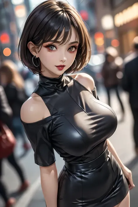 4K Ultra Sharp、Best Quality, masterpiece, Ultra-high resolution, (reality: 1.4),   girl, brown eyes, Off-the-shoulder sweater dress, Cinematic Lighting、Purple and black hair、(mine girl、Goth Makeup、My Makeup)、(Earrings、Big Breasts、An oversized black t-shirt...