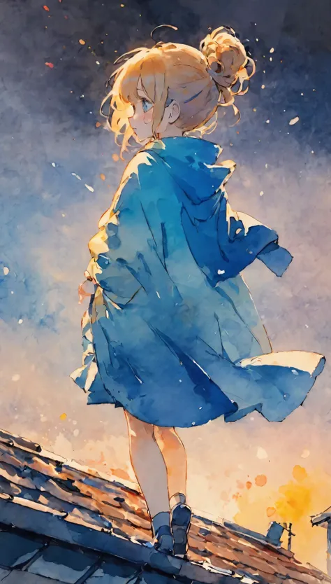 Splatter background and spray paint effect, Body above the knees, Bun Hair, Teary-eyed, dusk, watercolor, watercolor, watercolor風, watercolorの詳細なアート, watercolor digital painting, watercolor paints, 非常に精巧なwatercolor, watercolor，Blue base、Japanese women，Ponc...