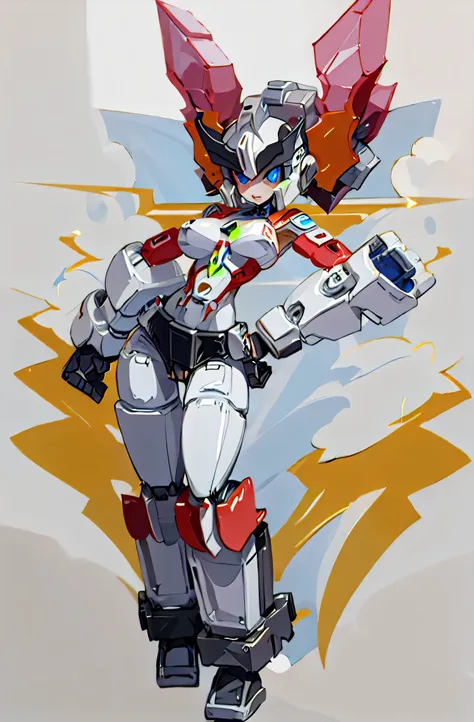 an image of transformer lady with big breasts and small hips, breasts, 1girl, solo, blue eyes, hand on own hips, standing, looking at viewer, full body
