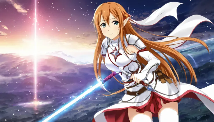 Asuna, Asuna_(Star), (One girl,Alone) ,Fantasy, High resolution, 19,  original, (Wear it in a sheath around your waist:1.3), smile, (White Knight Wizard&#39;s Long Cape:1.55), short hair, Medium chest, Bangs looking at the viewer ,Fine hazel brown eyes, Be...