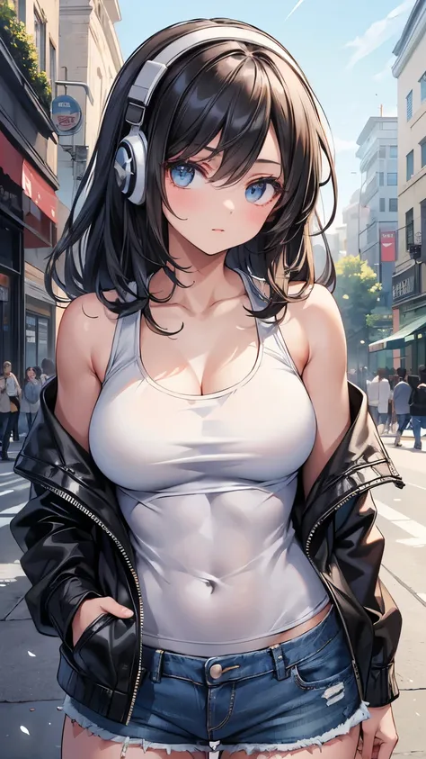 A beautiful girl, (wearing white tank top, black jacket, open jacket, short denim), headphone, long hair, in the street, perfect body, good anatomy, (masterpiece, ultra detail, high res, best quality), ((perfect anatomy, perfect body)), dynamic pose