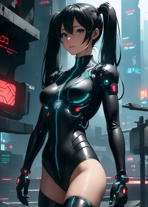 (masterpiece、Best Quality、Best Quality、Official Art、Beautiful and beautiful:1.2)、(One person:1.3)Hatsune Miku、Twin tails,Beautiful breasts,Characters with cyberpunk-style mechanized body parts stand out.. The transparent skin allows you to see the circuits...