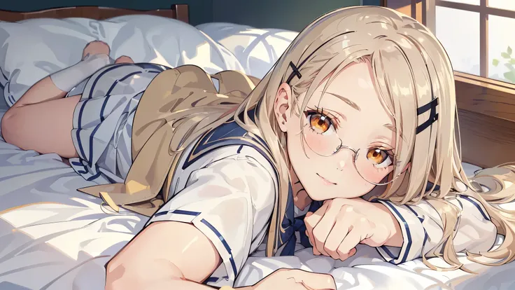 masterpiece, ultra detailed, 8k portrait, RAW photo, portrait photography, Highly detailed face, beautiful and meticulous eyes, (amber color eyes:1.5), (Glasses:1.2), (blush:1.5), (tilt ones head:1.5), (lie down on bed:1.5), outdoor, half sleeves shirt, (f...