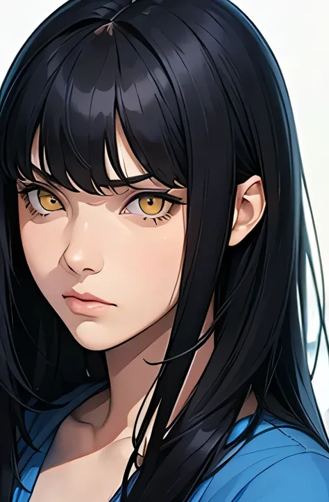 a young woman, long black hair with bangs, yellow eyes, blue clothes, serious expression. 