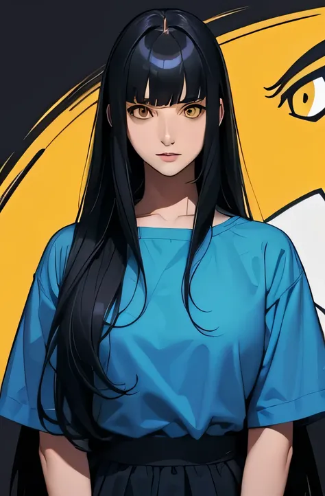 a young woman, long black hair with bangs, yellow eyes, blue clothes, serious expression. 