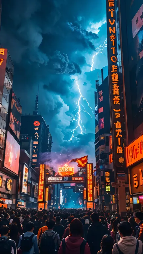 hyper realistic image of a massive other-worldy magical energy portal outlined with smoke and clouds, ripping space time fabric, with deep contrasting purple and orange colors in the sky, opening in middle of a densely populated public area like Shibuya Cr...