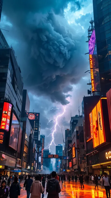 hyper realistic image of a massive other-worldy magical energy portal outlined with smoke and clouds, ripping space time fabric, with deep contrasting purple and orange colors in the sky, opening in middle of a densely populated public area like Shibuya Cr...