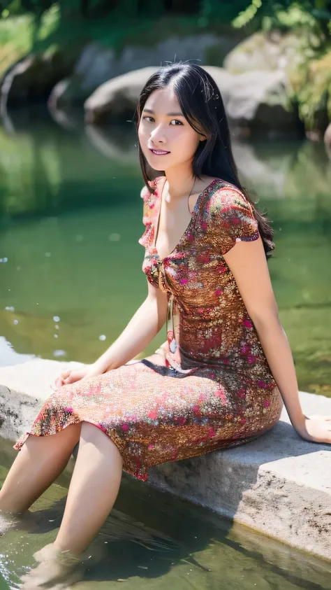 NSFW, HIGH QUALITY, 8K, DETAILED, (photorealism:1.2), beautiful woman, sitting sok in a river, looking at the camera, wearing tight floral midi dress, tight dress, malaysian womens dress, tighten dress, until knee dress, short sleeve, wet dress, soak wet, ...