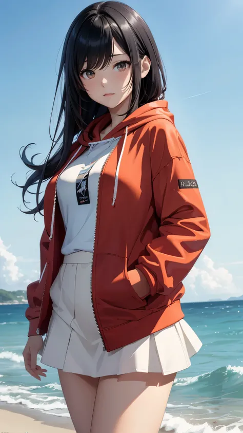 High resolution,8k,Best Quality,detailed,Semi-realistic anime,3D anime style,Smooth anime CG,One girl,A 20-year-old Japanese woman,Bust is large,Modeling,Shiny black hair,Medium Hair,Detailed face,beautifully detailed eyes,Glowing Skin,((oversized red hood...