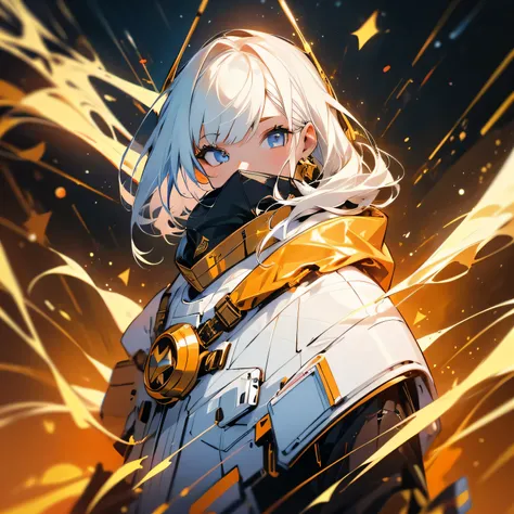 girl with white hair and golden space armour, black hood