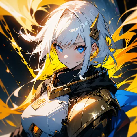 girl with white hair and golden space armour, black hood