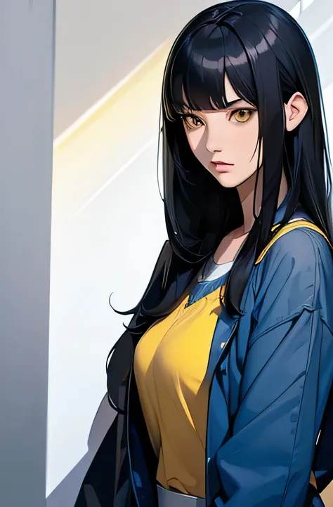 a young woman, long black hair with bangs, yellow eyes, blue clothes, serious expression. 