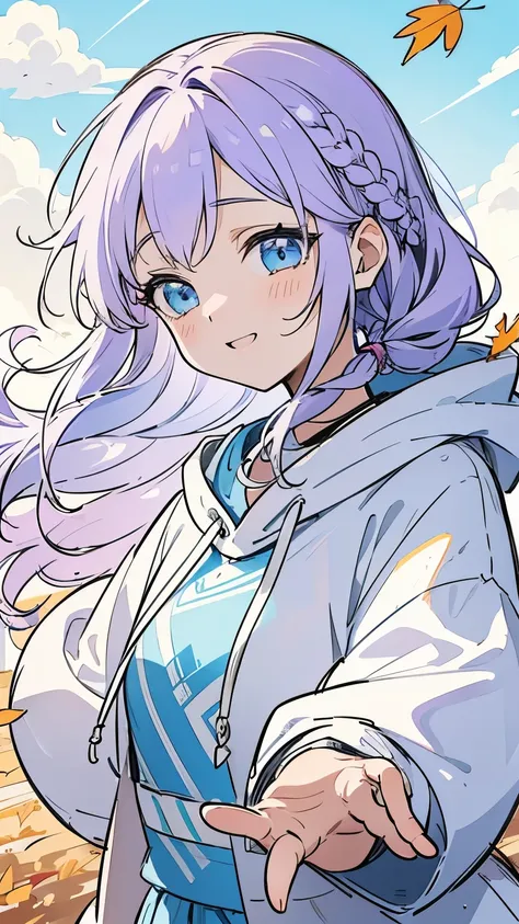 Line art, masterpiece, Best Quality, Super detailed、Braiding,((A sketch-like touch)),Light purple hair、Beautiful bright blue eyes,Multi-coloured hair,Laugh happily、A gentle wind is blowing、Autumn sky、Falling leaves are falling、Oversized hoodie