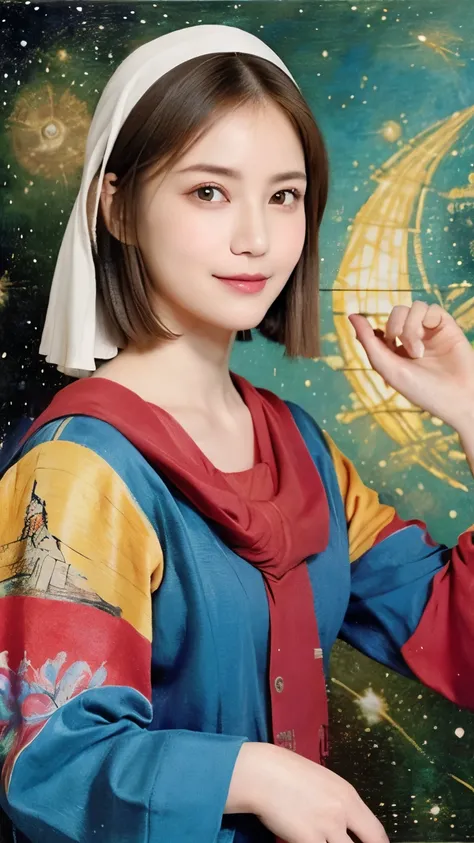 293 (20-year-old woman,short hair), (A kind smile), ((宇宙海賊captain,captain)), (colorful), (Leonardo da Vinci paintings), flower, Futuristic space pirate ship, nebula