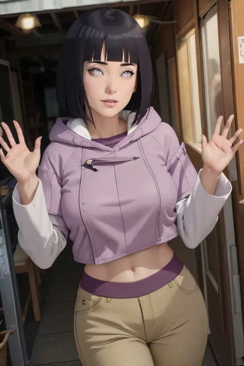 master part, absurderes, hinata(boruto), 1 girl, standing alone,mature woman, purple hoodie,layered sleeves, short brown jeans sexy, plein-air, cloudy sky, perfect composition, circumstantial lips, large breasted, pretty face, Body Proportion, blush, (pink...