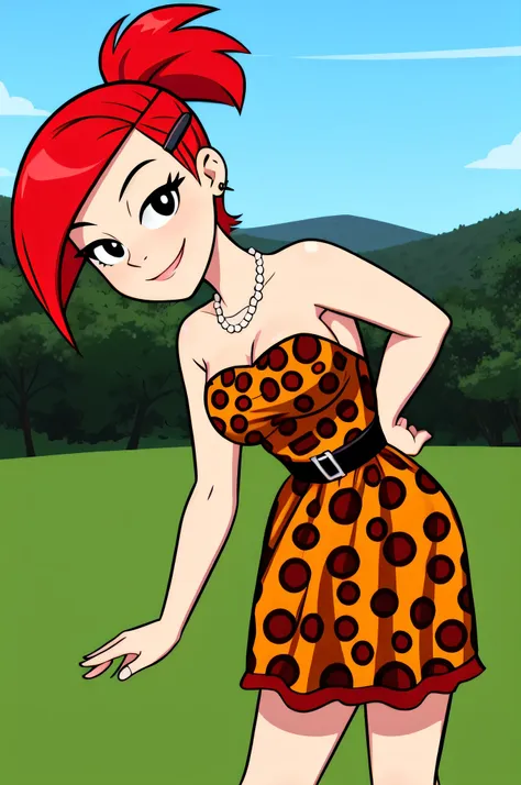 frankie foster, fostersstyle, (black pupils), red hair, black eyes, a short dress, a strapless leopard print short dress, a pear...