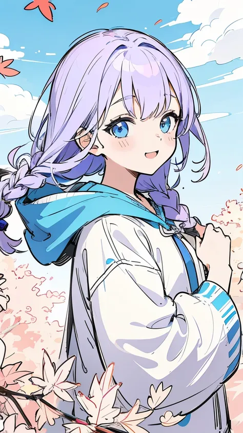 Line art, masterpiece, Best Quality, Super detailed、Braiding,((A sketch-like touch)),Light purple hair、Beautiful bright blue eyes,Multi-coloured hair,Laugh happily、A gentle wind is blowing、Autumn sky、Falling leaves are falling、Oversized hoodie