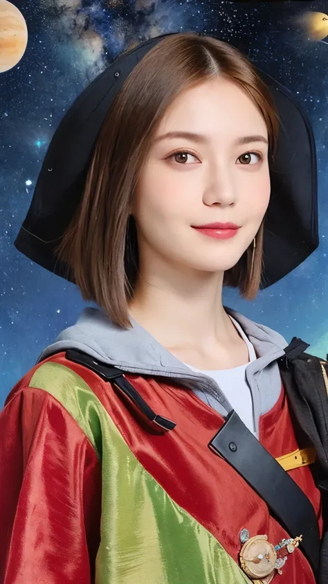 294 (20-year-old woman,Short Hair,20-year-old male), (A kind smile), ((Spaceship,captain)), (colorful), (Leonardo da Vinci paintings), flower, Space Suit, Pirate Ship, nebula, Milky Way