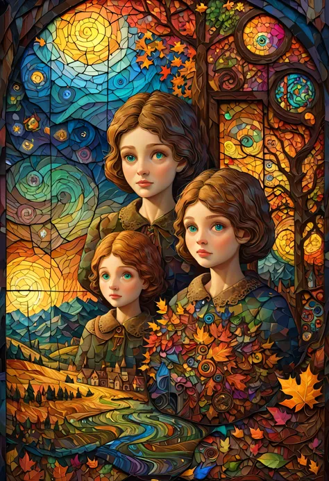 art, Oil, Best Quality, A dark tale, Van Gogh-style autumn landscape、((Beautiful sisters portrait))、Beautiful older sister and younger sister、and Mumford, Andy Kehoe, 2D, flat, Vintage Art, Art on cracked paper, Patchwork, Stained Glass, Very detailed, De...