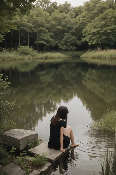 The girl is sitting alone by the pond waiting for someone for her night.