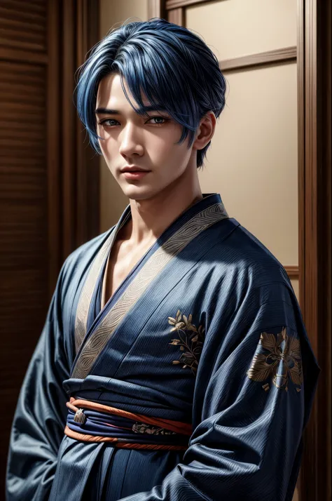 masterpiece, best quality, extremely detailed, hyperrealistic, photorealistic, a cool 20s man, ultra detailed face:1.1, double eyelid, navy kimono, short hair, center part, blue hair, serene, standing