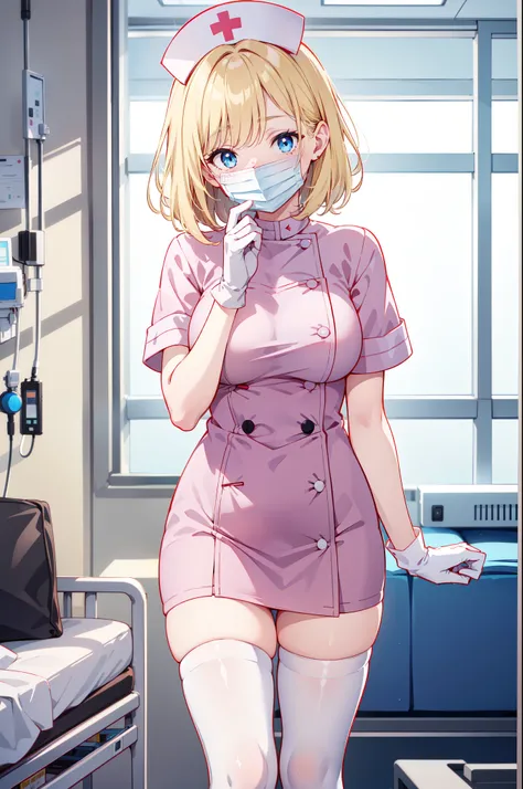 1woman, solo, nurse, white nurse cap, white nurse uniform, ((white legwear, zettai ryouiki)), white gloves, blonde hair, blue eyes, ((white surgical mask, covered nose)), standing, ((hospital room)), sharp outline, short sleeves, mature female, 35yo, best ...