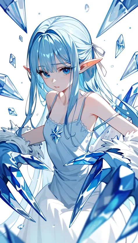 blue hair, center part hair, elf ear, blue eye, Light blue camisole dress, big white top hair ribbon, (arms covered in ice, hands covered in ice), sharp ice talons for hands,