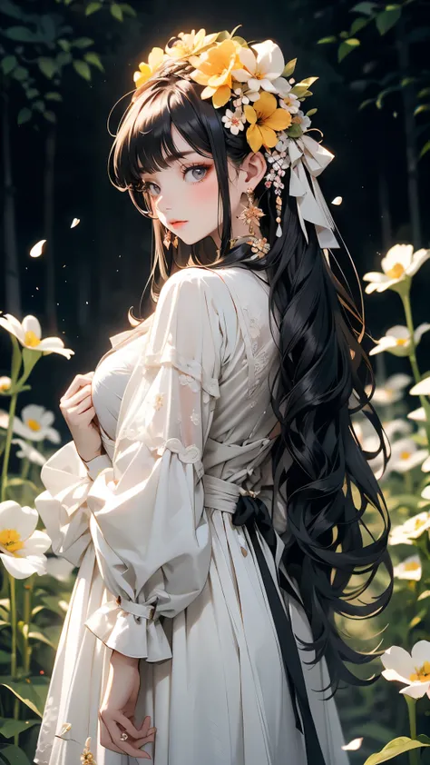 masterpiece, Best Quality, a girl, wearing white dress，girl among flowers, defloration, holding flowers, girl standing in flower field,girl wearing flowers， (flower hair accessories:1.35)，light yellow_long hair，Gothic(white clothing)