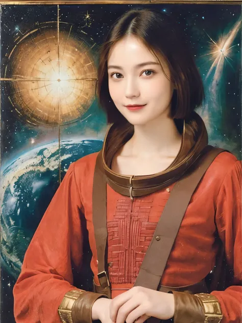 294 (20-year-old woman,short hair,20-year-old male), (A kind smile), ((Spaceship,captain)), (colorful), (Leonardo da Vinci paintings), flower, Space Suit, Pirate Ship, nebula, milky way