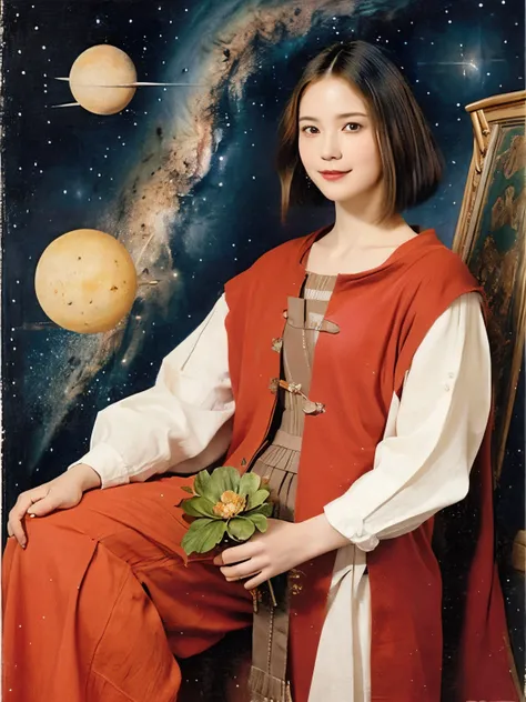 294 (20-year-old woman,short hair,20-year-old male), (A kind smile), ((Spaceship,captain)), (colorful), (Leonardo da Vinci paintings), flower, Space Suit, Pirate Ship, nebula, milky way