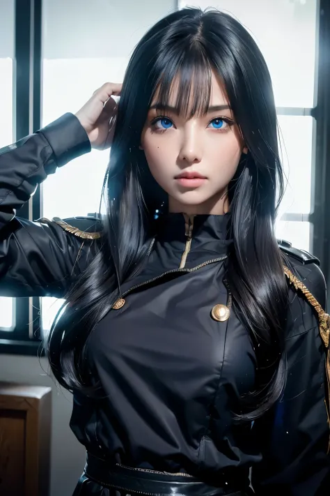 ８ｋ、High resolution、female warrior fashion、beautiful girl、black combat uniform、young、white skin,、narrow eyes,high nose,lighting that illuminates the face、clear image、intellectual beauty、skinny、no makeup、anxious look、lighting that illuminates the face,shinin...