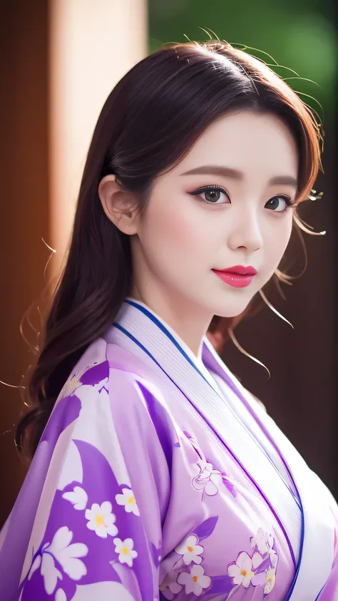 Realistic, Highest quality, 8k, woman, 20-year-old, Sakura pattern kimono, Large Bust, Long Hair, Ultra-detailed skin textures, Soft Lighting, Fairy, Bokeh, purple Lipstick, Sensual Lipstick, Sensational Make up 