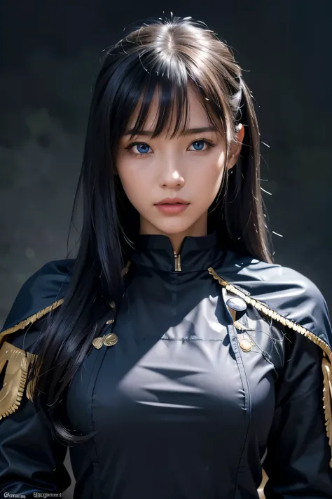 ８ｋ、High resolution、female warrior fashion、beautiful girl、black combat uniform、young、white skin,、narrow eyes,high nose,lighting that illuminates the face、clear image、intellectual beauty、skinny、no makeup、anxious look、lighting that illuminates the face,shinin...