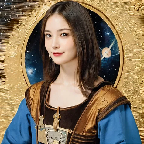 294 (20-year-old woman,short hair,20-year-old male), (A kind smile), ((Spaceship,captain)), (colorful), (Leonardo da Vinci paintings), flower, Space Suit, Pirate Ship, nebula, milky way