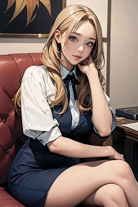 Woman sitting on a chair、Place both hands on the armrest、Masterpiece、Long blonde hairstyle、Eye level is at neck position、Knee