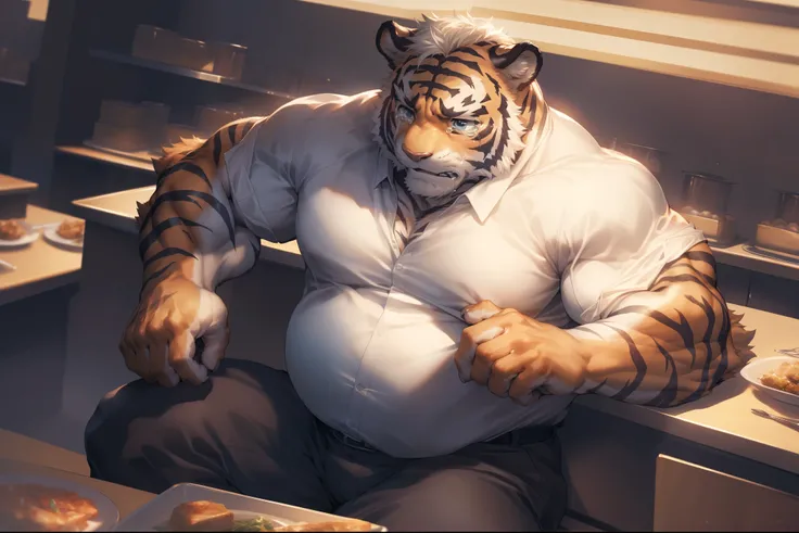 (By Empty Ghost, From thebigslick, By Dark Gem, Will chase), High-quality photos, Perfect anatomical structure, (Tiger print), bara tiger, tiger, 30 years old, large pectoral, wide pectoral, (massive pectoral muscles), strong physique, chubby, big belly, p...